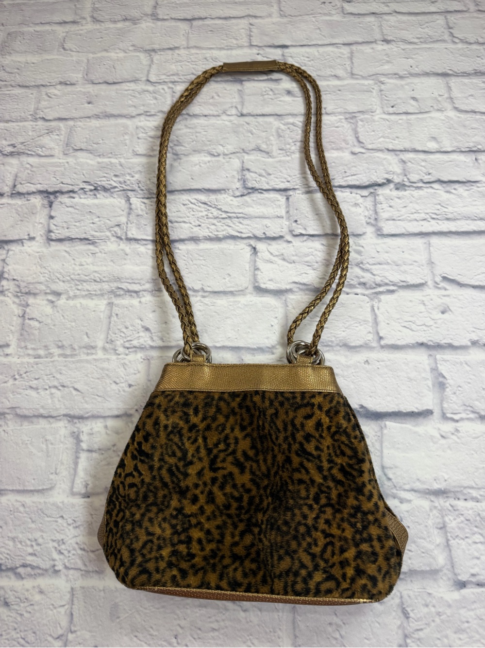 VTG Y2K Tianni Leopard Print Faux Fur Shoulder Bag w/Metallic Gold Trim & Strap.